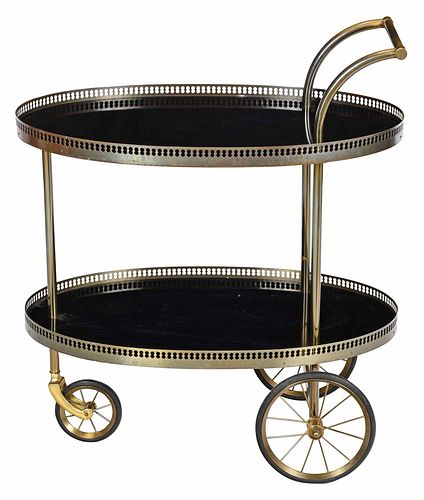 Vintage Brass Black Enameled Two Tier Bar Cart