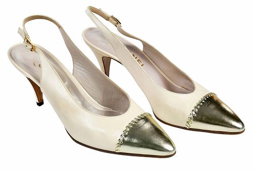 Chanel Beige Silver Cap Slingback Shoes