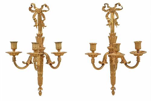 Pair Louis XVI Style Three Light Sconces