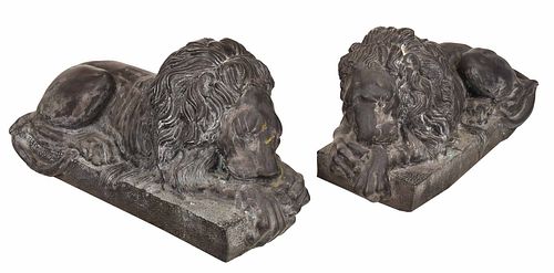 Large Pair Patinated Bronze Recumbent Lions