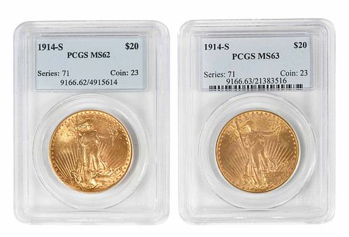 Two 1914-S St. Gaudens $20 Gold Coins 
