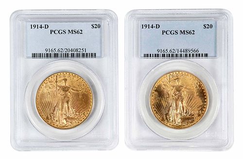 Two 1914-D St. Gaudens $20 Gold Coins 