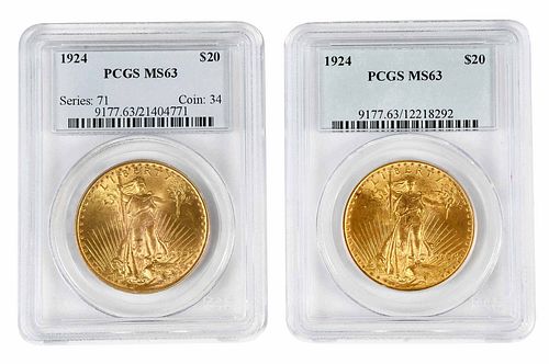 Two 1924 St. Gaudens $20 Gold Coins 