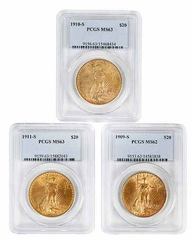 Three San Francisco St. Gaudens $20 Gold Coins 