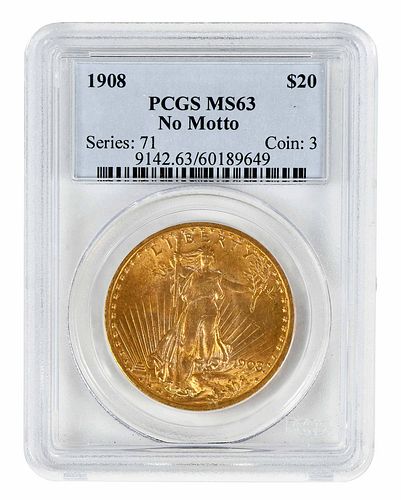 1908 No Motto St. Gaudens $20 Gold Coin 