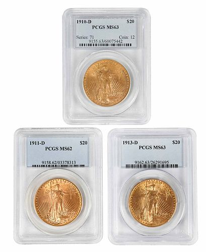 Three Denver St. Gaudens $20 Gold Coins 