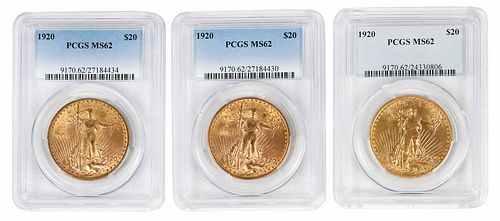 Three 1920 St. Gaudens $20 Gold Coins 