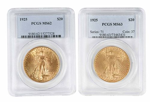 Two 1925 St. Gaudens $20 Gold Coins 
