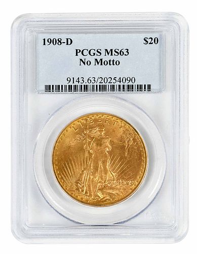 1908-D No Motto St. Gaudens $20 Gold Coin 
