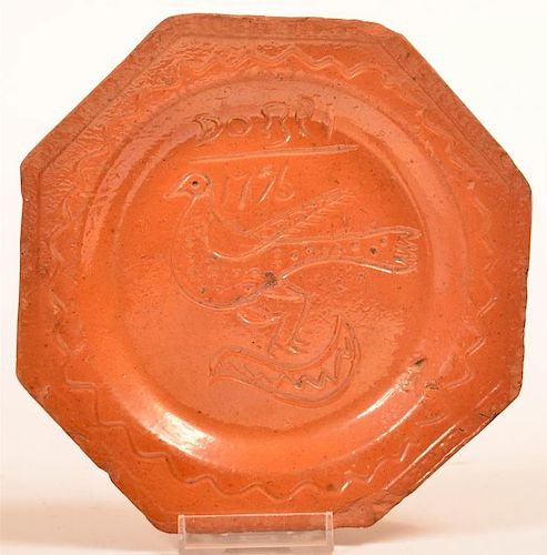 19th Century Redware Sgraffito Decorated Plate.