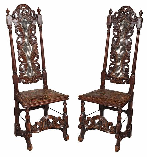 Pair William and Mary Carved Caned Side Chairs