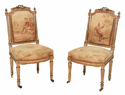 Pair Louis XVI Style Tapestry Upholstered Chairs