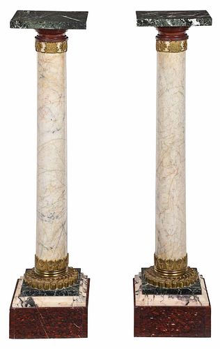 Fine Pair Variegated Marble Column Form Pedestals