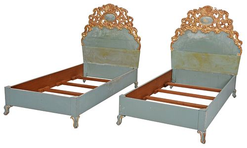 Pair Italian Baroque Style Carved Twin Bedsteads