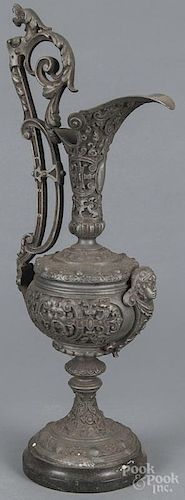 White metal ewer, late 19th c., with a marble base, 17 1/2'' h.