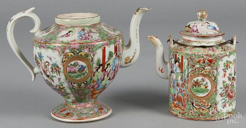 Two Chinese export porcelain rose medallion teapots, 19th c., 7 1/4'' h.