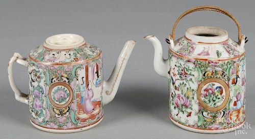 Two Chinese export porcelain rose medallion teapots, 19th c., 4 1/4'' h. and 4 3/4'' h.