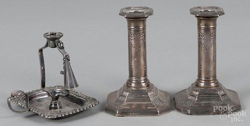 Pair of Birmingham weighted silver candlesticks, 1908-1909, bearing the touch of E.J.G., 4 3/4'' h.