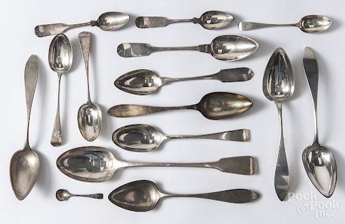 Continental silver spoons, 18th/19th c., together with an English stuffing spoon by Eley & Fearr