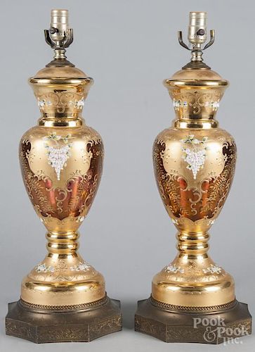 Pair of gilt and enamel decorated glass table lamps, ca. 1900, 16'' h.