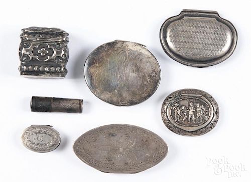Seven assorted silver dresser articles, to include an unmarked vinaigrette, a scent bottle case