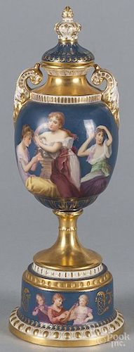 Vienna porcelain urn and cover with hand-painted decoration, signed Burer, inscribed Blumenfrage