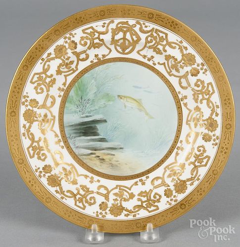 Minton's porcelain cabinet plate with a hand-painted underwater scene with fish