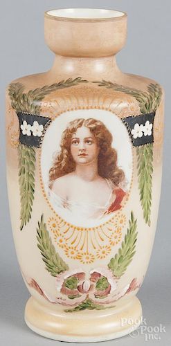 Enamel decorated milk glass vase, late 19th c., with a transfer bust of a woman, 12'' h.