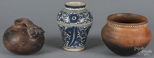 Three pieces of ethnographic pottery, to include a Mexican tin glazed earthenware vase, 7 1/2'' h.