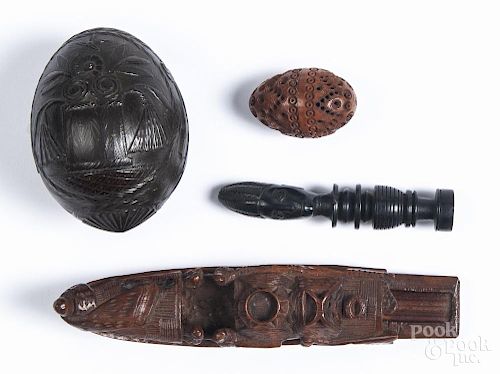 Asian and African carved items, to include a Southeast Asian carved bamboo boat-form incense tray
