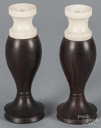 Pair of lignum vitae and bone vases, ca. 1900, 6 1/4'' h. Provenance: DeHoogh Gallery, Philadelphia