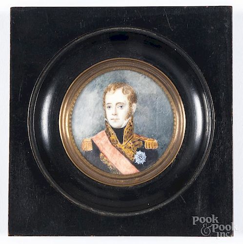 Miniature watercolor portrait on ivory of French Marshal Michel Ney, 19th c., signed Malliee