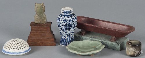 Chinese blue and white porcelain bud vase, 3 3/4'' h., together with a celadon glazed lotus dish