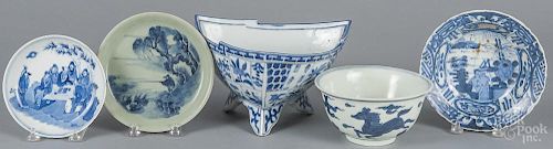 Four pieces of Chinese blue and white porcelain, to include a dish bearing the Kangxi mark, 5'' dia.