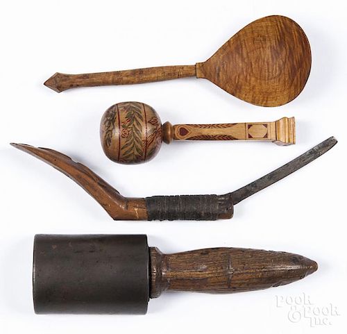 Assorted carved wood folk art implements, to include a painted rattle, a razor, a burlwood spoon