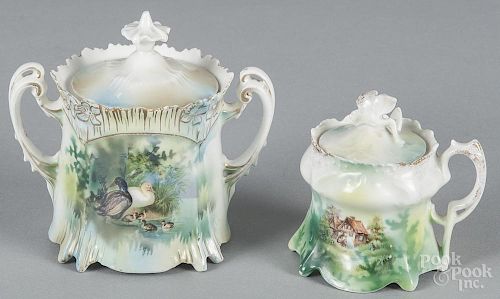 R. S. Prussia porcelain duck sugar bowl, ca. 1900, 4 1/2'' h., together with a mill condiment jar