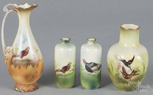 Four R. S. Prussia porcelain vases, ca. 1900, one with a turkey, 3 1/2'' h., two with a pheasant