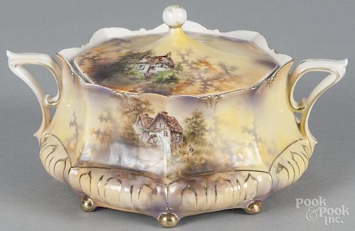 Five pieces of R. S. Prussia porcelain with a mill scene