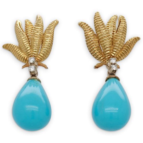 18K Gold Diamond & Turquoise Earrings