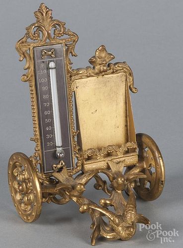 Victorian cast brass chariot card holder, late 19th c., with a thermometer, 6 3/4'' h.