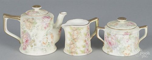 Three-piece Royal Bayreuth tapestry porcelain tea service, early 20th c., teapot - 4 1/2'' h.