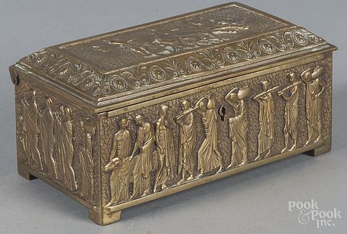 Brass dresser box, 19th c., with relief Roman scenes, 3'' h., 6 3/4'' w.