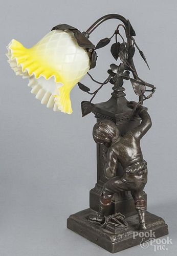 French figural spelter table lamp, early 20th c., of a young boy getting a drink at a fountain