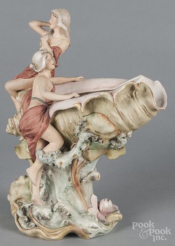 Royal Dux art noveau centerpiece bowl, early 20th c., with a maiden on a conch shell, 14'' h.