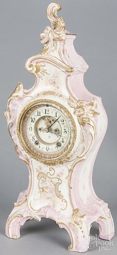 Ansonia Royal Bonn porcelain mantel clock, early 20th c., with an open escapement, 20 1/2'' h.