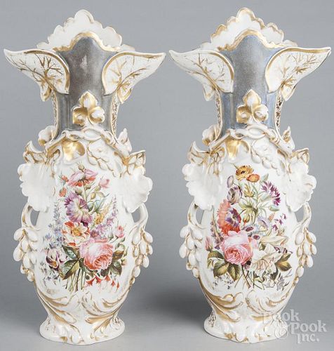 Large pair of old Paris porcelain floral vases, 19th c., 24 1/4'' h.