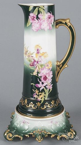 Large Limoges porcelain tankard, ca. 1900, with floral decoration, on a stand, 18 1/2'' h.