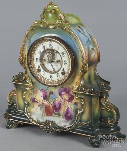 Ansonia Royal Bonn porcelain mantel clock, early 20th c., with an open escapement, 13 3/4'' h.