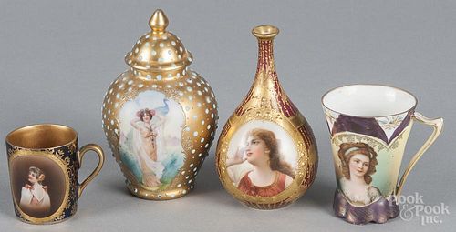 Two Vienna porcelain portrait pieces, 19th c., to include a vase, 4 1/2'' h., and a small cup