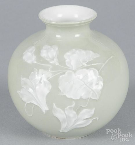 R. S. Prussia floral green vase, ca. 1900, with red steeple mark, 4 1/4'' h.